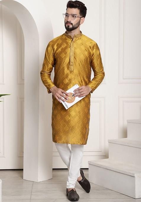 Mustard Woven Silk Kurta Set For Men — view on Indya