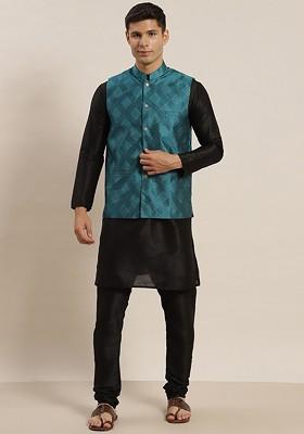 Black Solid Silk Kurta Set For Men