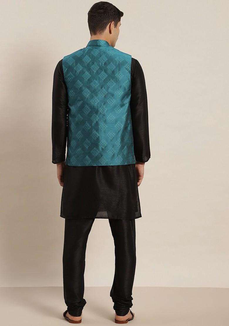 Black Solid Silk Kurta Set For Men