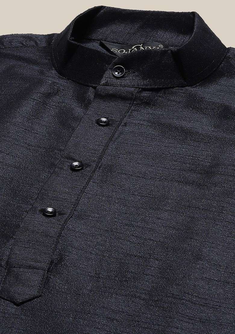 Black Solid Silk Blend Kurta Set For Men - Indya