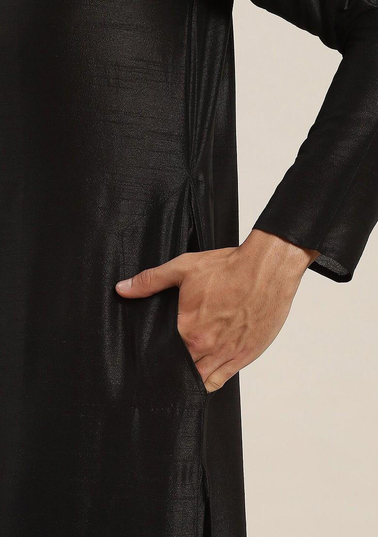 Black Solid Silk Kurta Set For Men