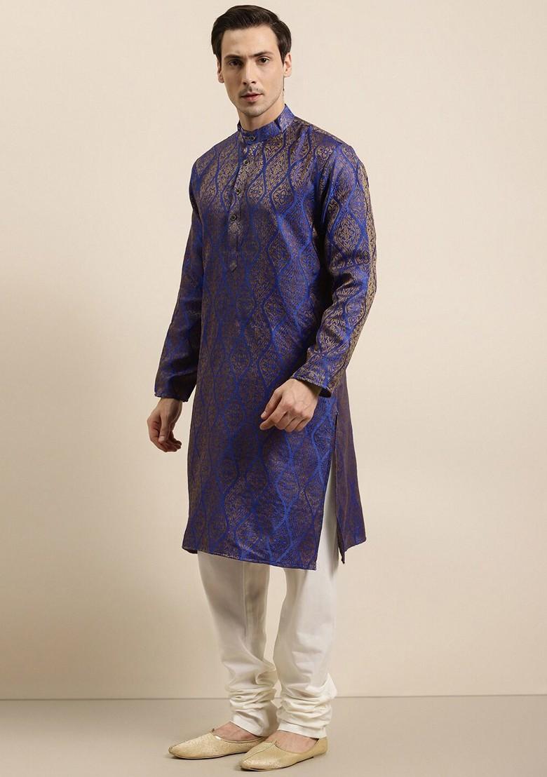 Blue Ethnic Motifs Silk Kurta Set For Men