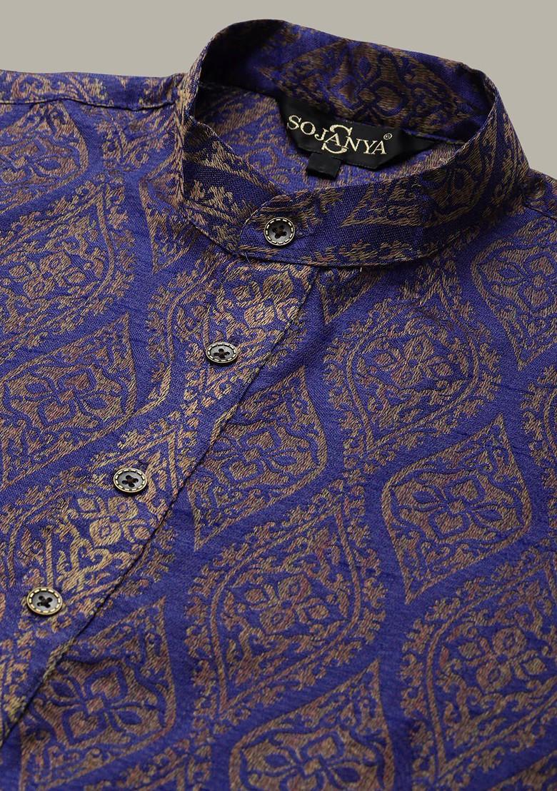 Blue Ethnic Motifs Silk Kurta Set For Men