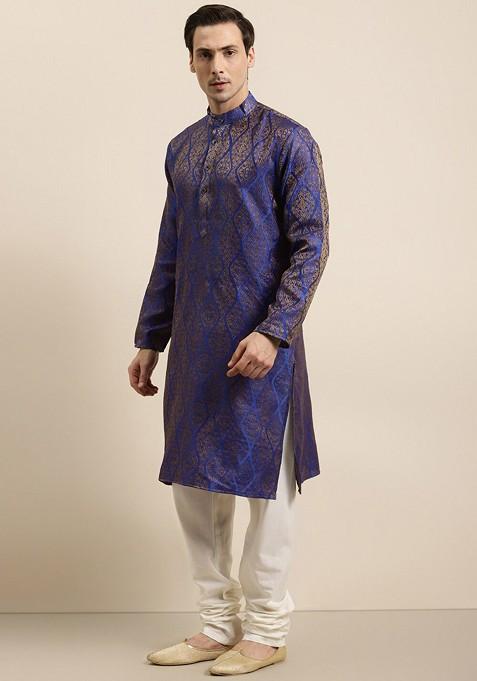 Blue Ethnic Motifs Silk Kurta Set For Men