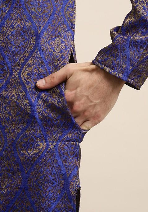 Blue Ethnic Motifs Silk Kurta Set For Men