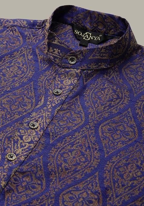 Blue Ethnic Motifs Silk Kurta Set For Men