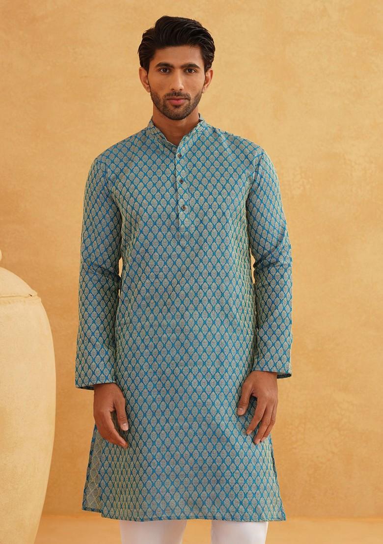Turquoise Blue Ethnic Motifs Poly Blend Kurta Set For Men