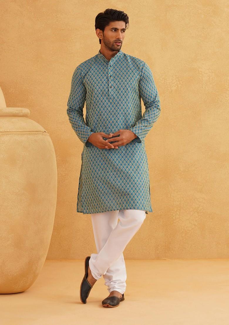 Turquoise Blue Ethnic Motifs Poly Blend Kurta Set For Men