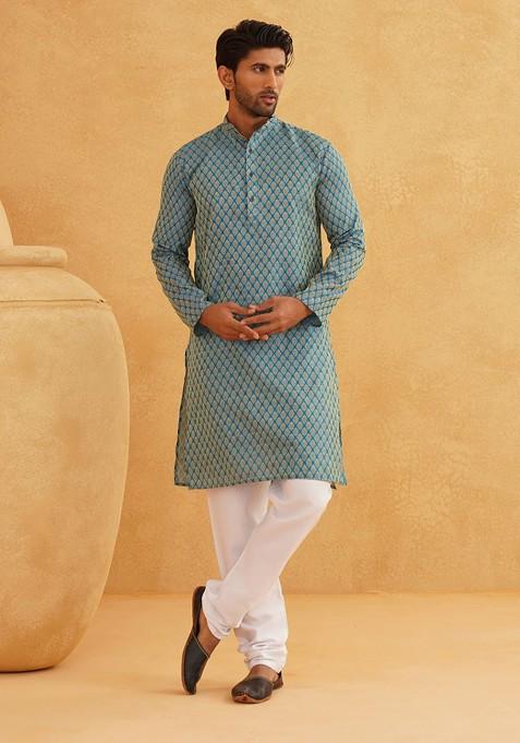 Turquoise Blue Ethnic Motifs Poly Blend Kurta Set For Men — view on Indya