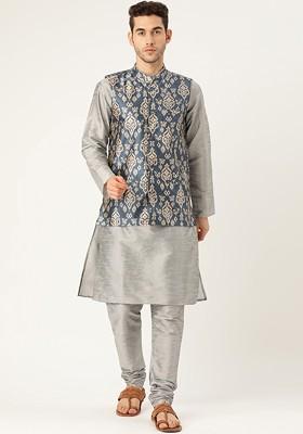 Grey Ethnic Motifs Poly Blend Kurta Set For Men