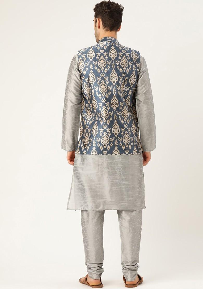 Grey Ethnic Motifs Poly Blend Kurta Set For Men