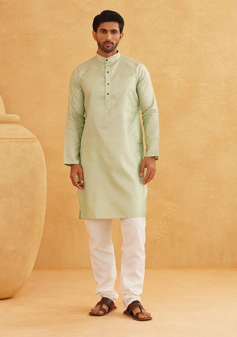 Sea Green Ethnic Motifs Poly Blend Kurta Set For Men