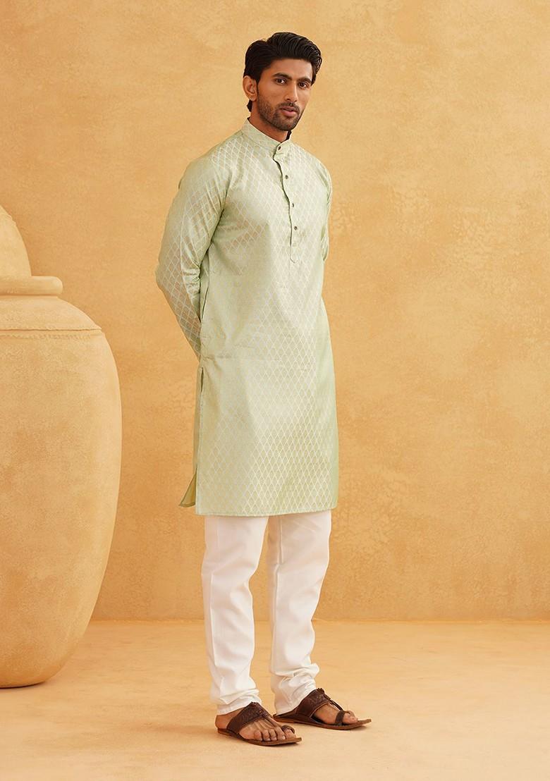 Sea Green Ethnic Motifs Poly Blend Kurta Set For Men