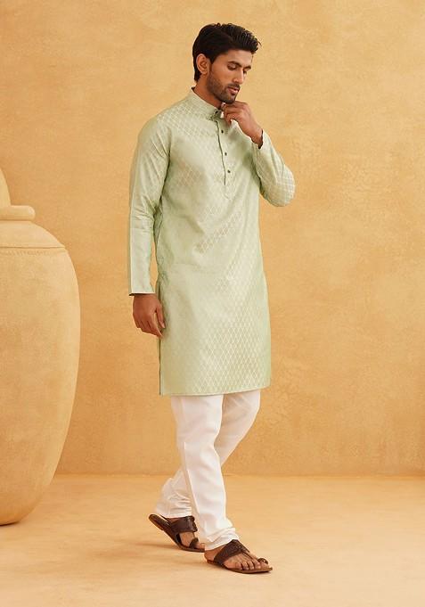 Sea Green Ethnic Motifs Poly Blend Kurta Set For Men