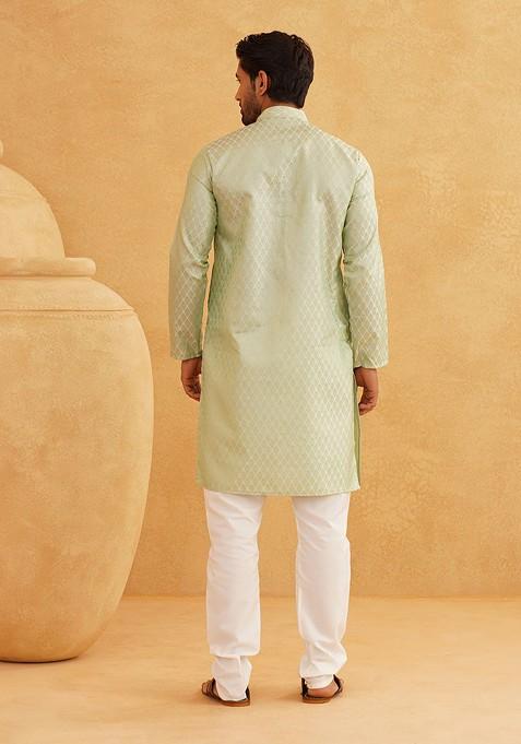 Sea Green Ethnic Motifs Poly Blend Kurta Set For Men