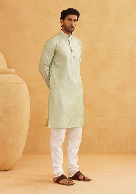 Sea Green Ethnic Motifs Poly Blend Kurta Set For Men