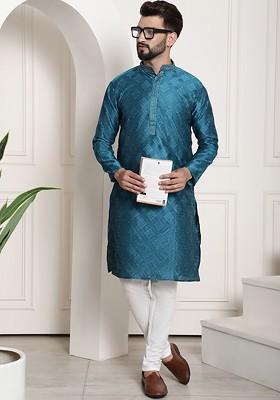 Teal Blue Ethnic Motifs Poly Blend Kurta Set For Men
