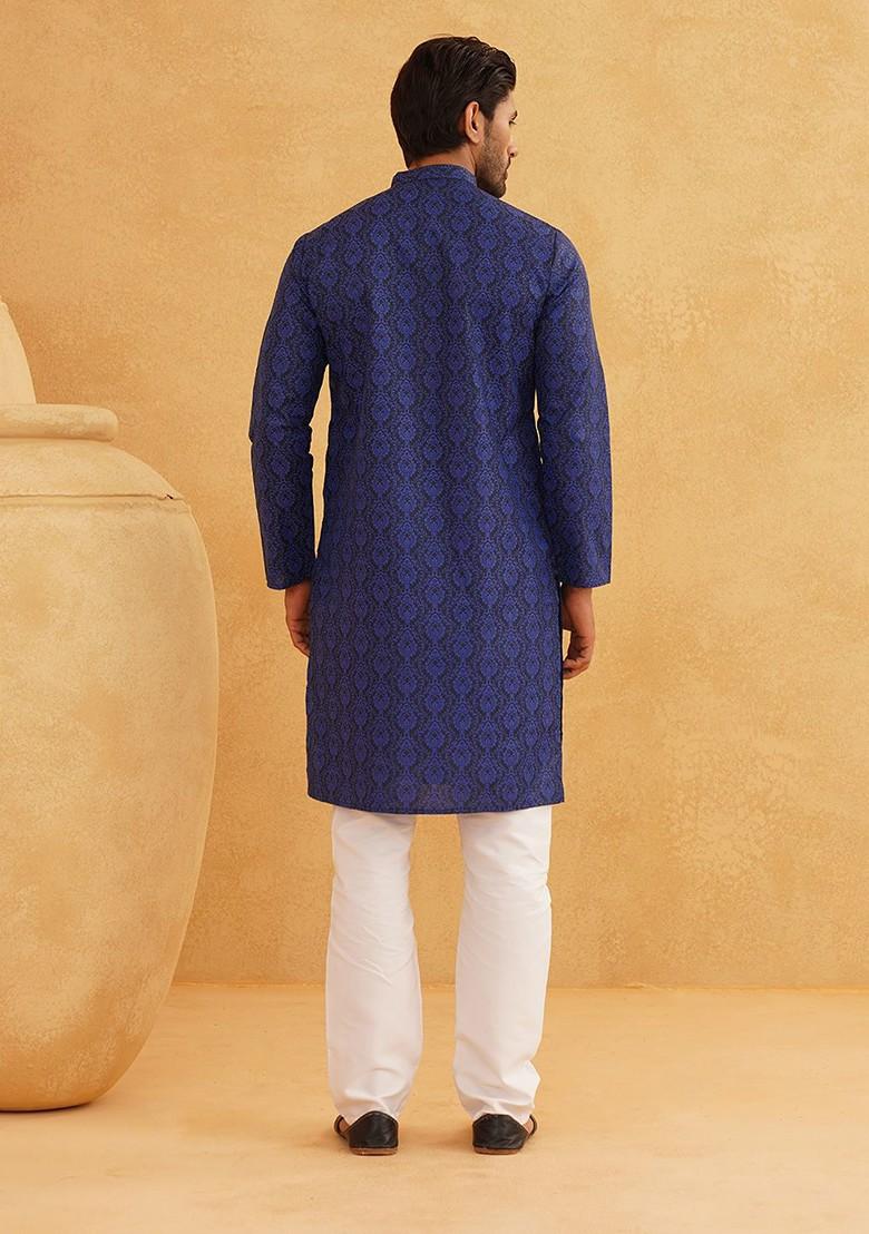 Navy Blue Ethnic Motifs Poly Blend Kurta Set For Men