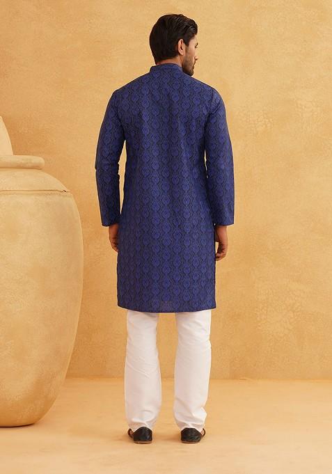 Navy Blue Ethnic Motifs Poly Blend Kurta Set For Men
