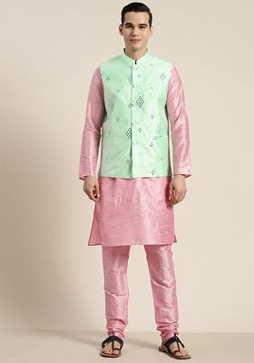 Pink Mirror Work Poly Blend Kurta Set For Men