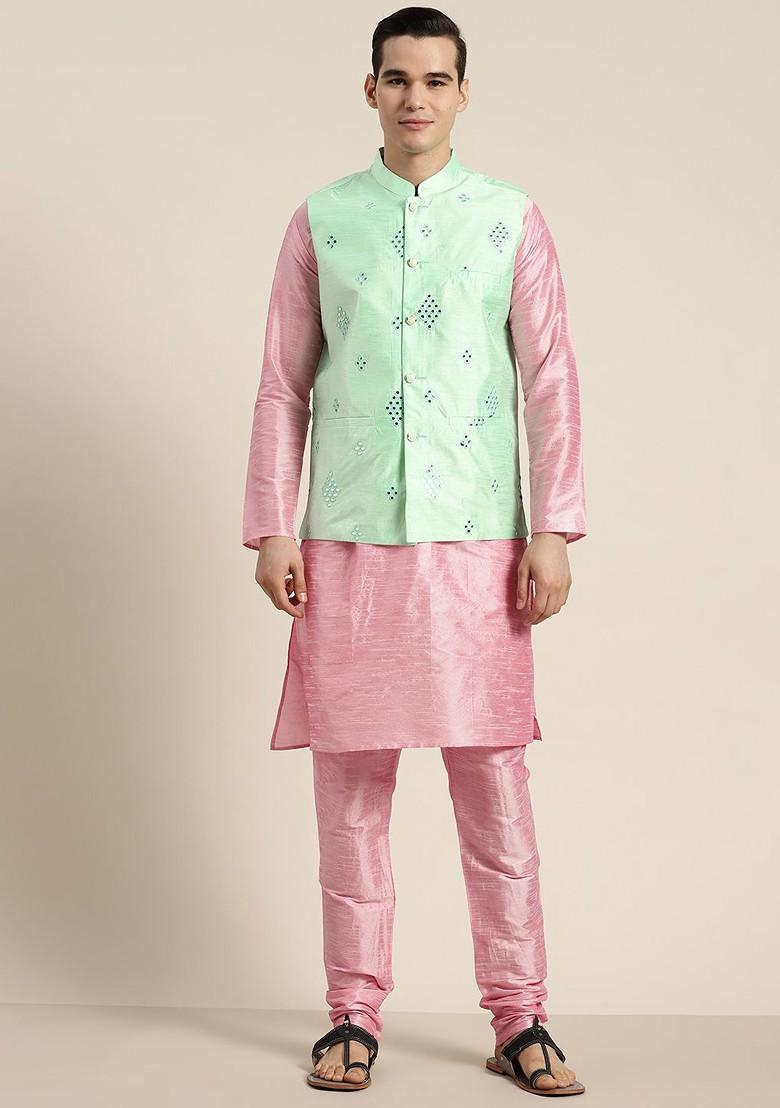 Pink Mirror Work Poly Blend Kurta Set For Men