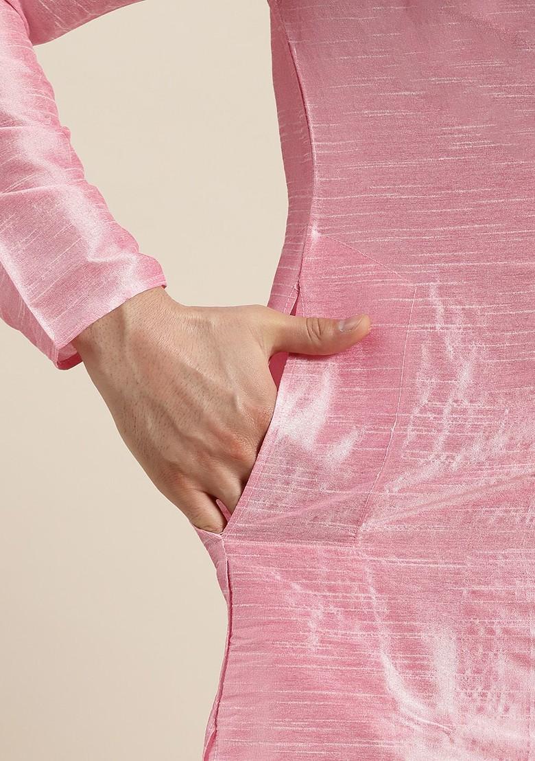 Pink Mirror Work Poly Blend Kurta Set For Men