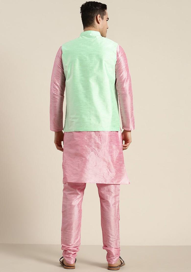 Pink Mirror Work Poly Blend Kurta Set For Men