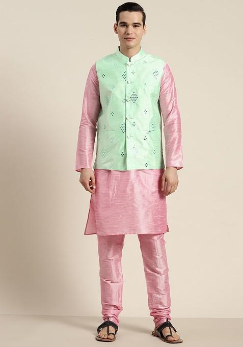 Pink Mirror Work Poly Blend Kurta Set For Men