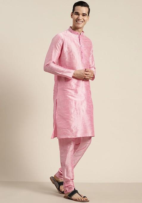 Pink Mirror Work Poly Blend Kurta Set For Men