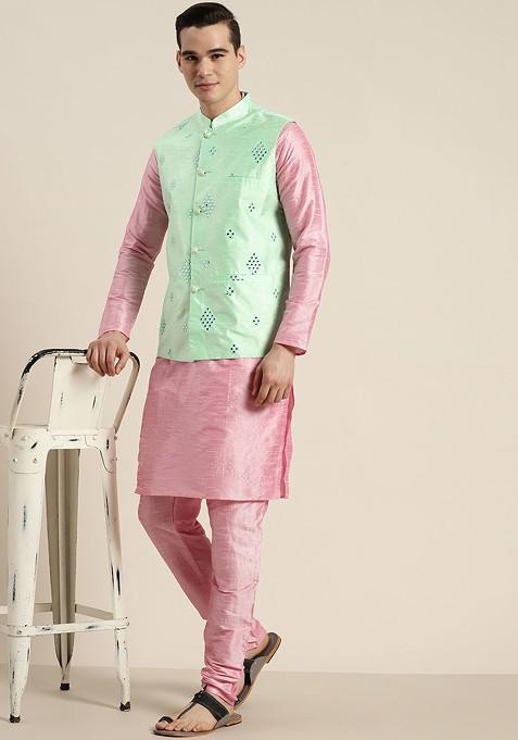 Pink Mirror Work Poly Blend Kurta Set For Men