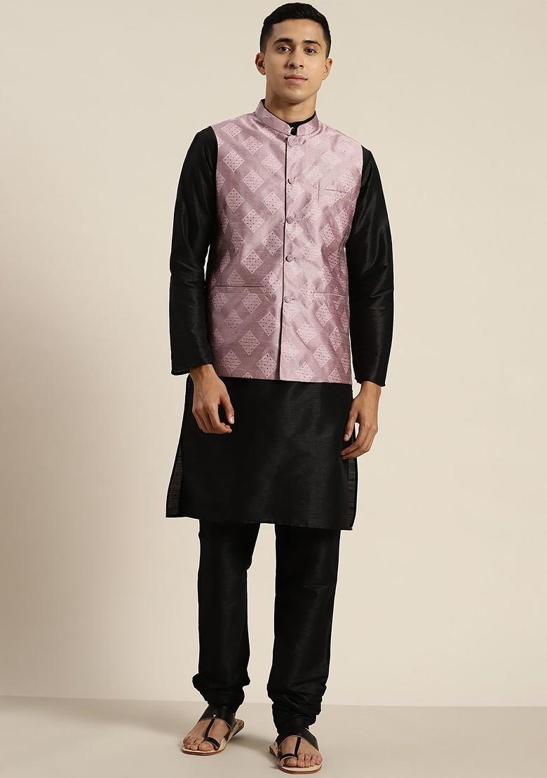 Black Solid Poly Blend Kurta Set For Men
