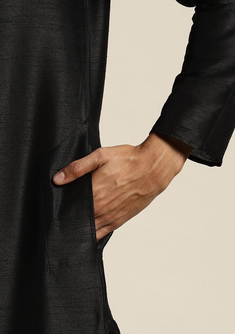 Black Solid Poly Blend Kurta Set For Men