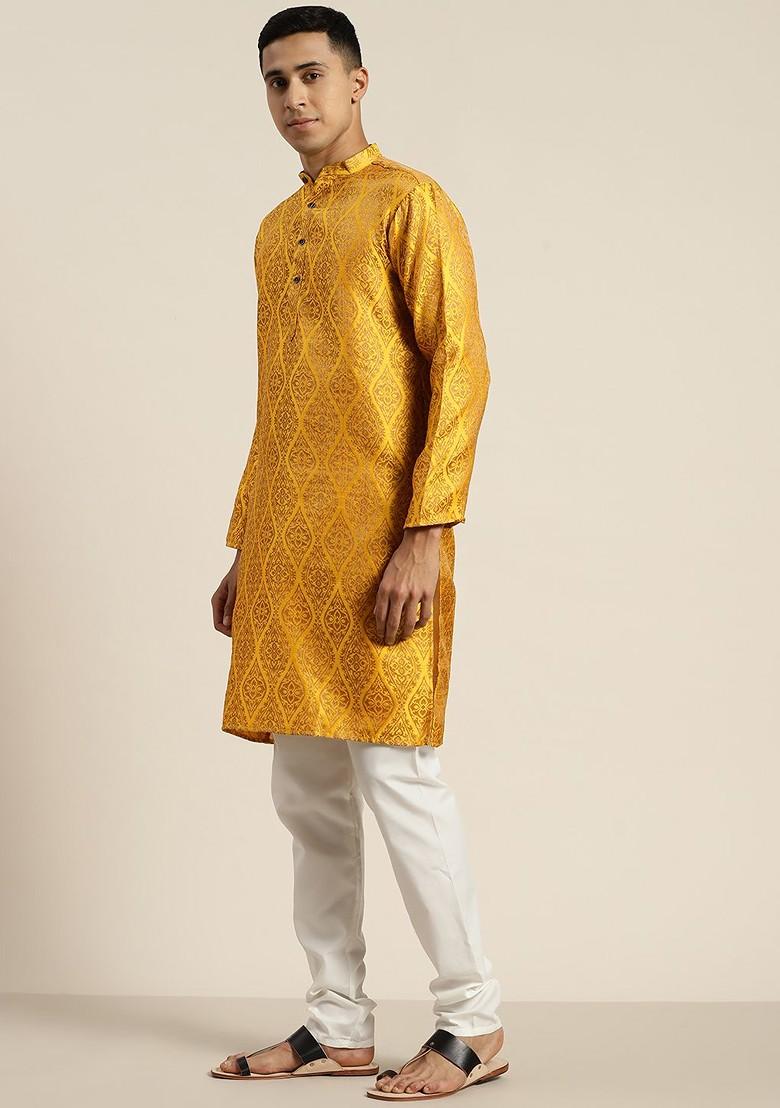Mustard Ethnic Motifs Poly Blend Kurta Set For Men