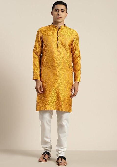 Mustard Ethnic Motifs Poly Blend Kurta Set For Men