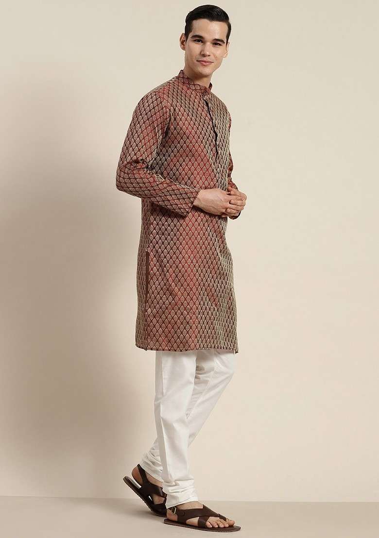 Maroon Ethnic Motifs Poly Blend Kurta Set For Men - Indya