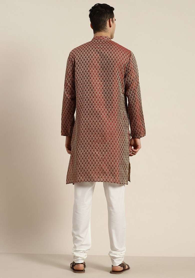 Maroon Ethnic Motifs Poly Blend Kurta Set For Men - Indya