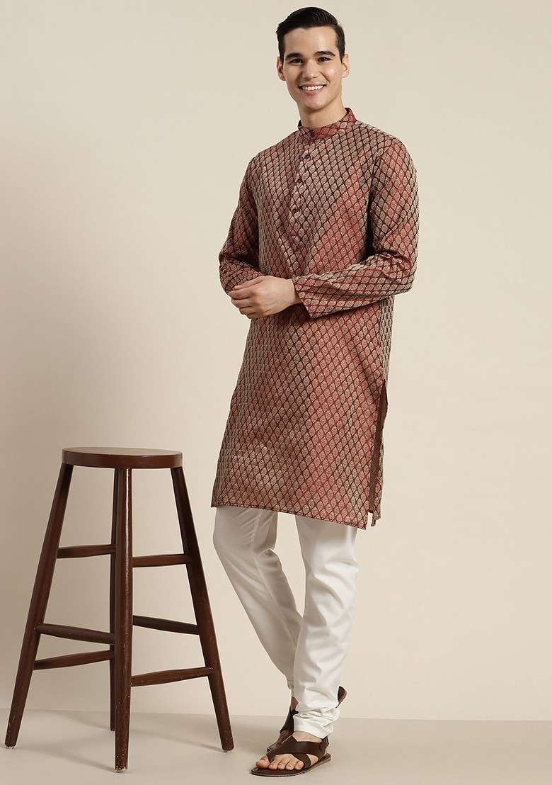 Maroon Ethnic Motifs Poly Blend Kurta Set For Men - Indya
