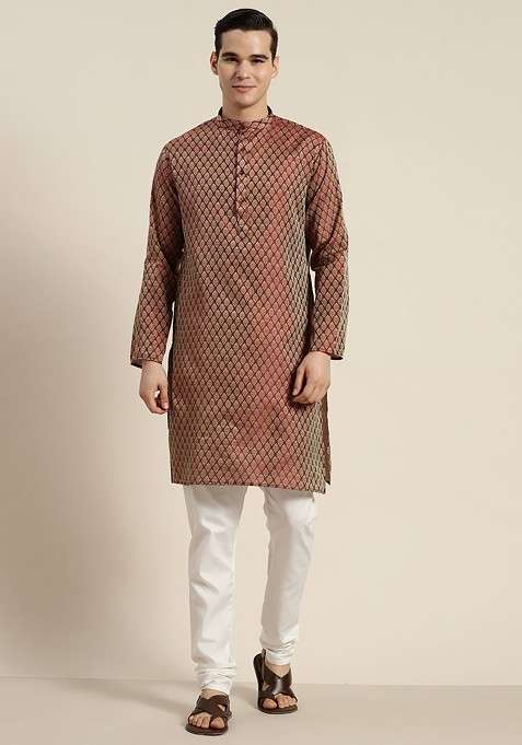 Maroon Ethnic Motifs Poly Blend Kurta Set For Men
