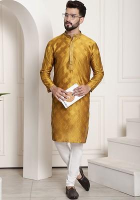 Mustard Woven Poly Blend Kurta Set For Men