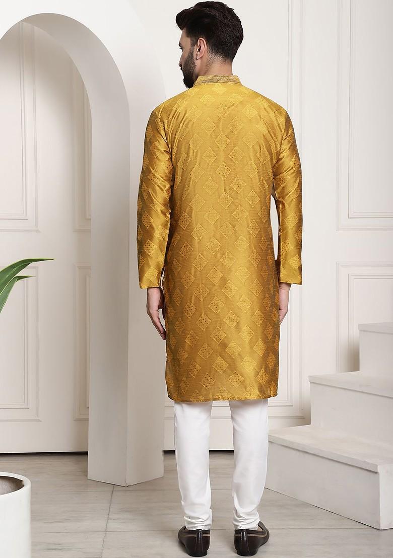 Mustard Woven Poly Blend Kurta Set For Men