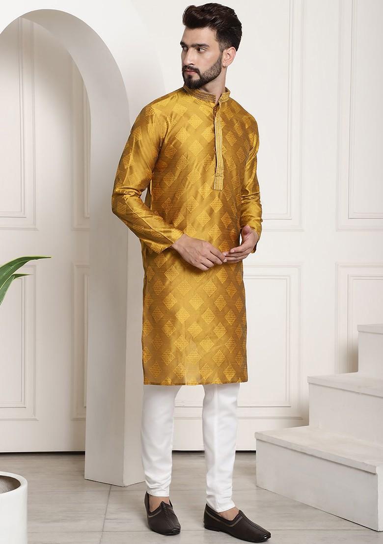 Mustard Woven Poly Blend Kurta Set For Men