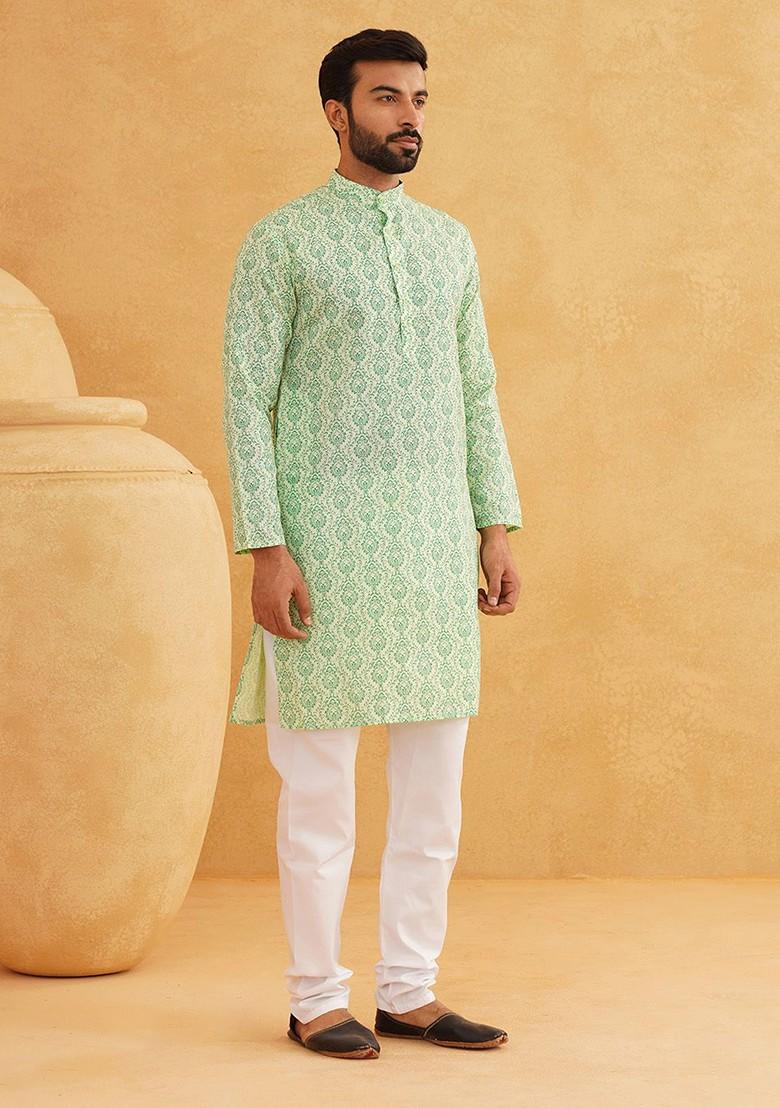 Green Ethnic Motifs Poly Blend Kurta Set For Men