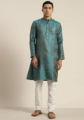 Teal Blue Ethnic Motifs Poly Blend Kurta Set For Men