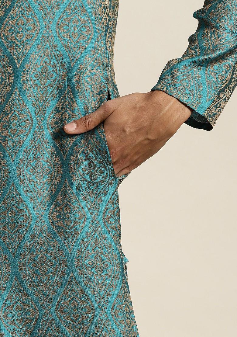 Teal Blue Ethnic Motifs Poly Blend Kurta Set For Men