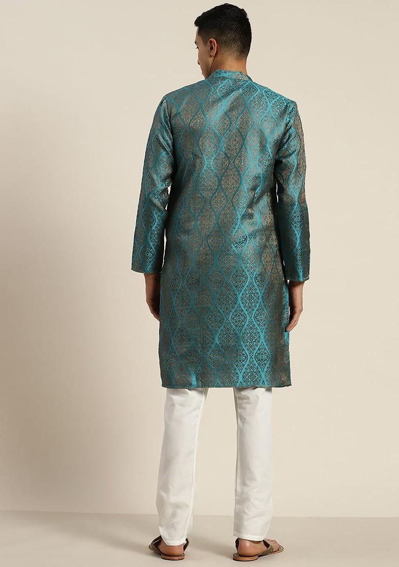 Teal Blue Ethnic Motifs Poly Blend Kurta Set For Men