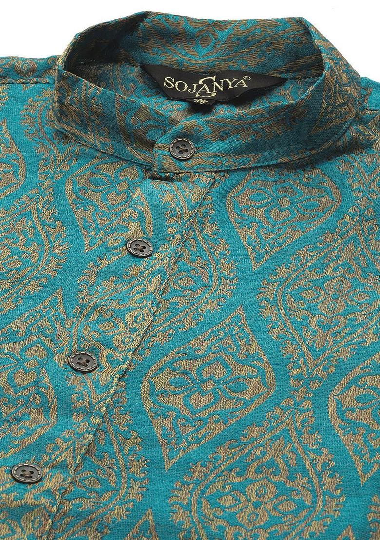 Teal Blue Ethnic Motifs Poly Blend Kurta Set For Men