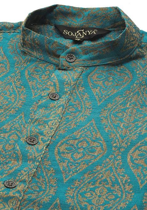 Teal Blue Ethnic Motifs Poly Blend Kurta Set For Men