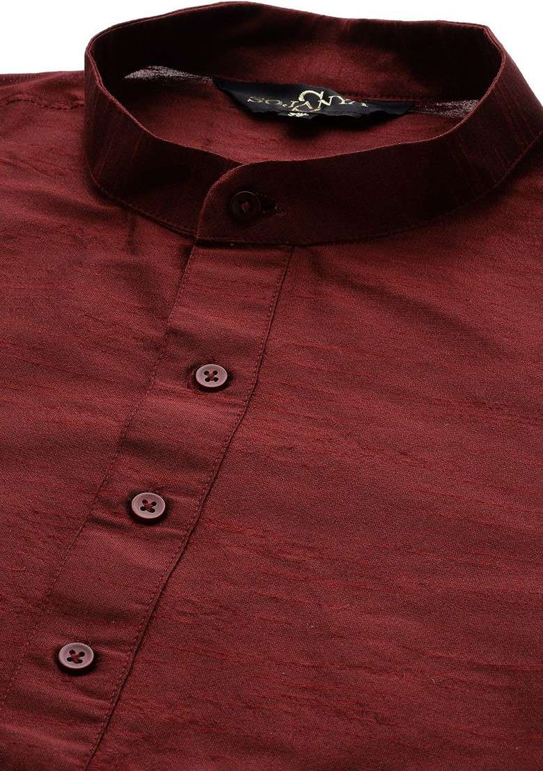 Maroon Solid Poly Blend Kurta Set For Men - Indya