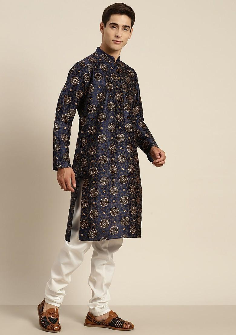Navy Blue Ethnic Motifs Poly Blend Kurta Set For Men