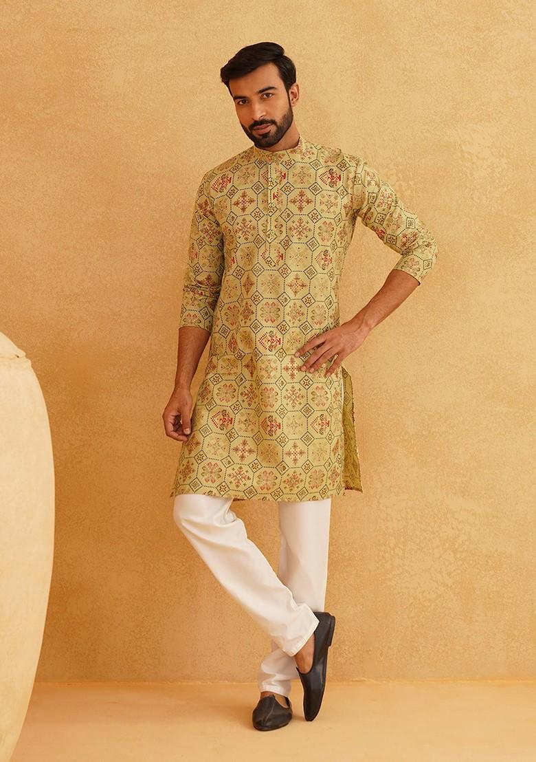 Green Printed Poly Blend Kurta Set For Men